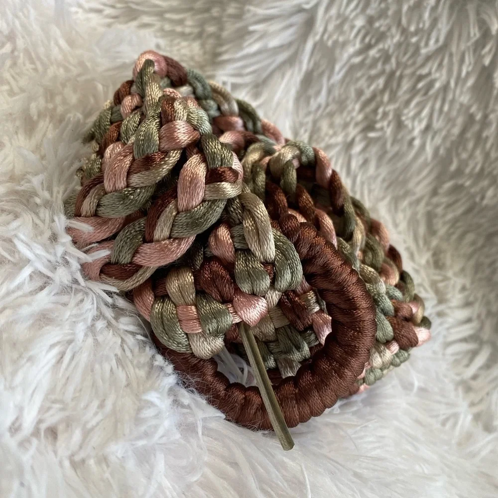 Pink, brown and green braided large buckle braided belt